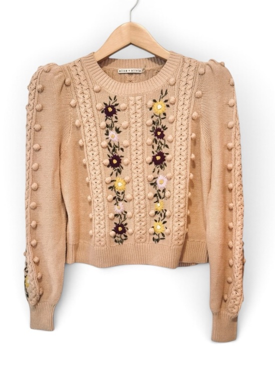 Alice + Olivia Sweaters - Alice + Olivia Enid Floral Embroidered Puff Sleeve Wool Blend Sweater Large